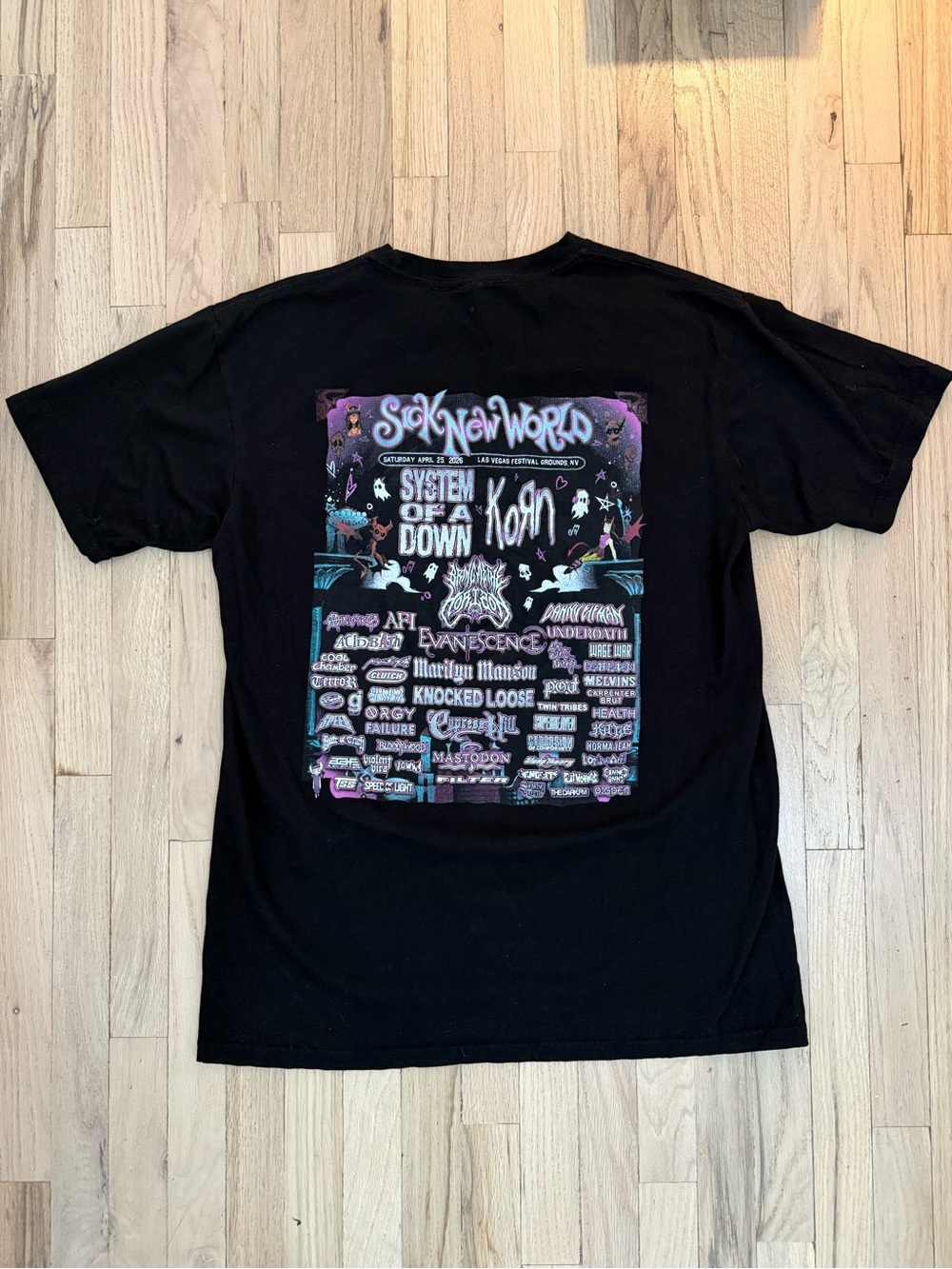 Sick New World 2026 Graphic Band Tee - Black with Purple & Blue Print